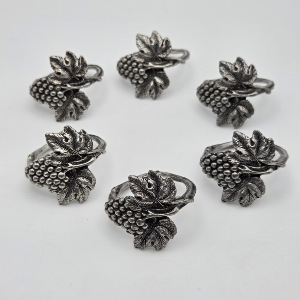 Set Of 6 Vintage Pewter Grape Cluster Napkin Rings Wine Dinner Rustic Winery